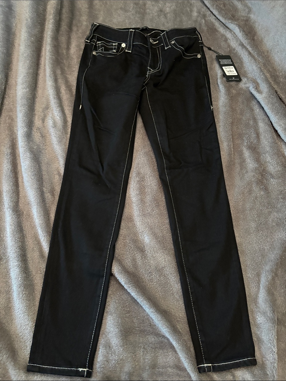 True Religion Women’s Black Slim Straight Jeans with Contrast White Stitching